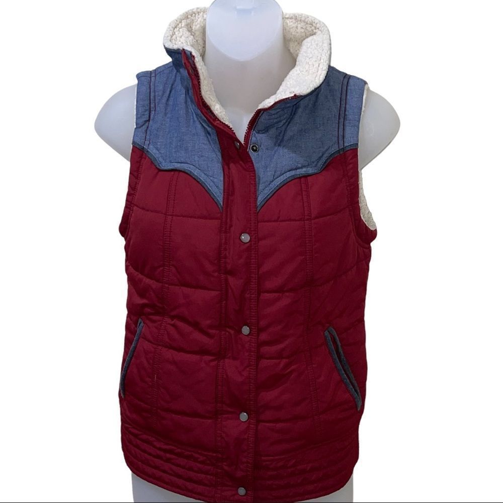 Mossimo Supply Co. Burgundy & Denim Sherpa Lined Puffer Vest